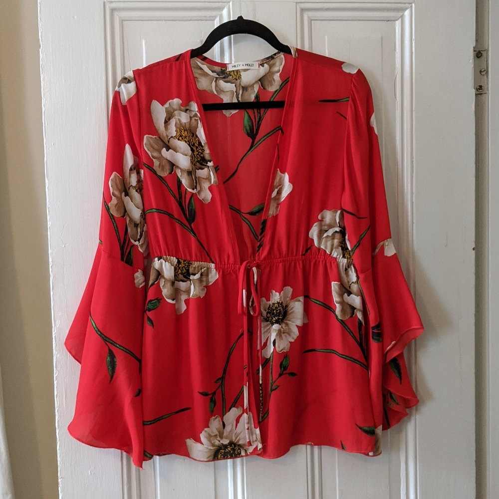 Red tie front blouse
